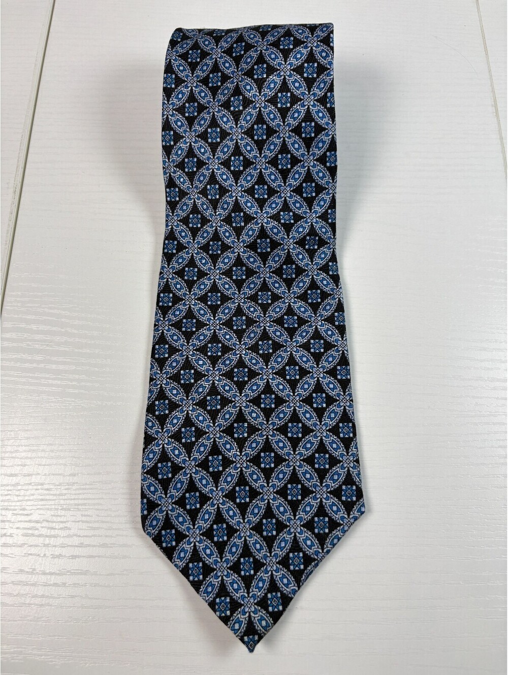 Bellini New York Milan Silk Tie Black Blue Geometric Medallion Foulard Necktie